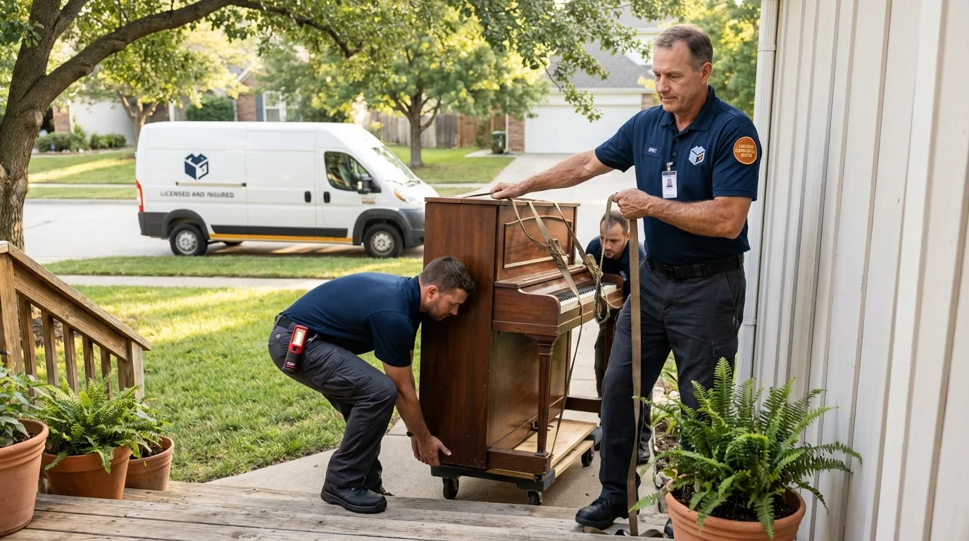 Licensed piano movers securing grand piano in Sullivan, IL