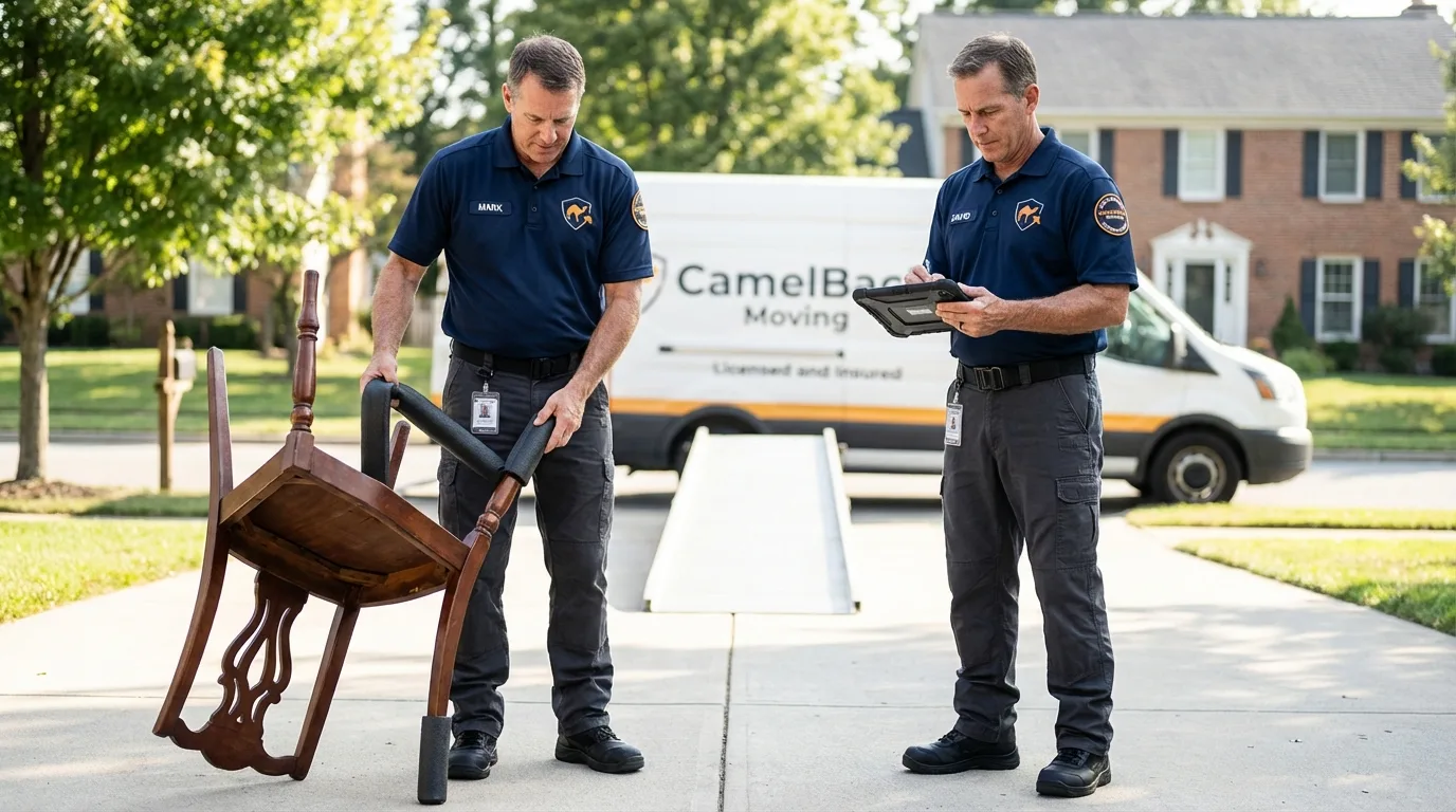 Movers inspecting furniture for damage prevention before loading in Sullivan, IL