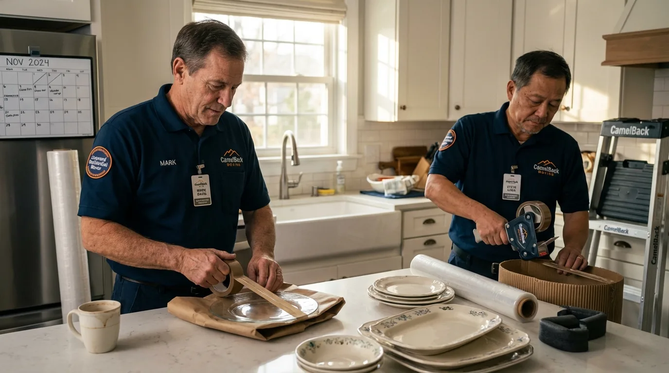 Professional crew packing kitchen dishware in Sullivan, IL